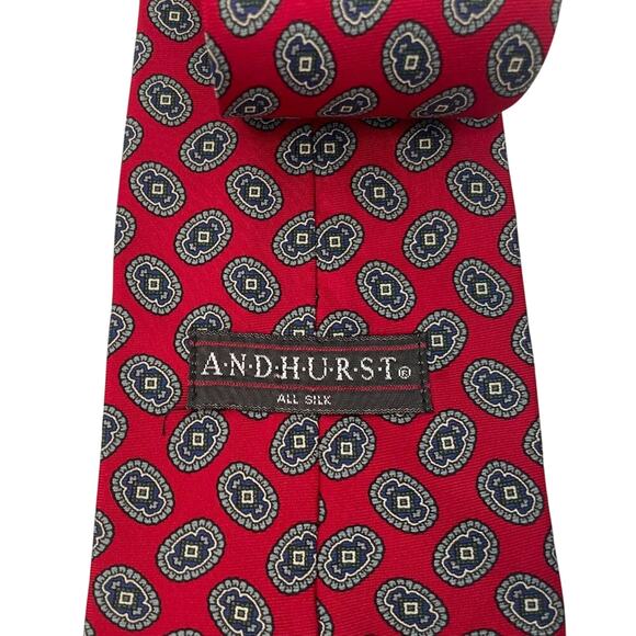 Andhurst Silk Tie, Classic Geometric Print, Red and Navy, 58 1/2" - Picture 5 of 8